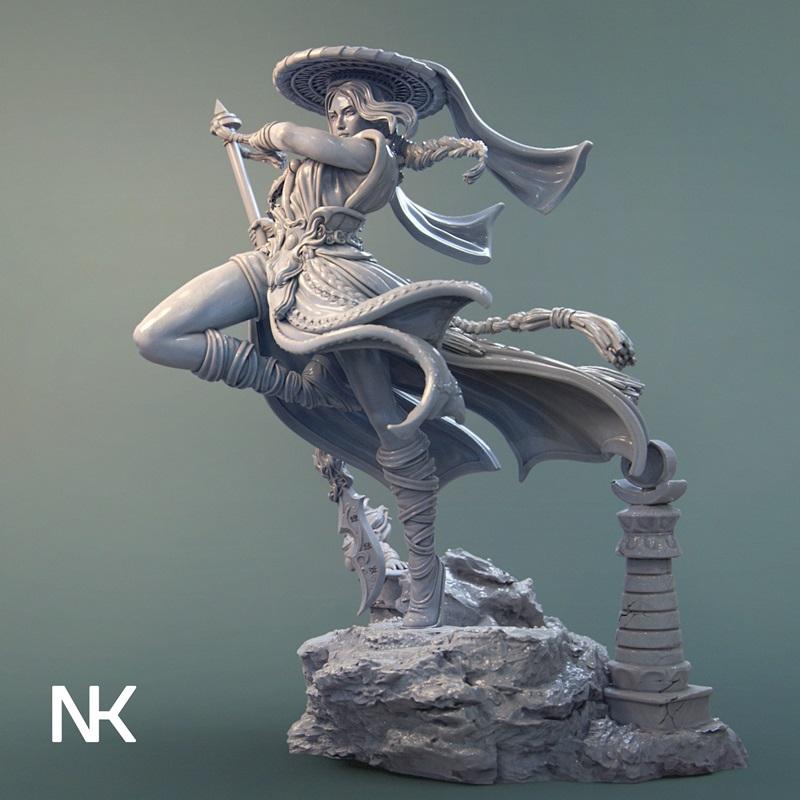 3D model of Mu Ron Yin, the Wind Master, a female fantasy character in a dynamic mid-air pose, wearing a wide hat and...