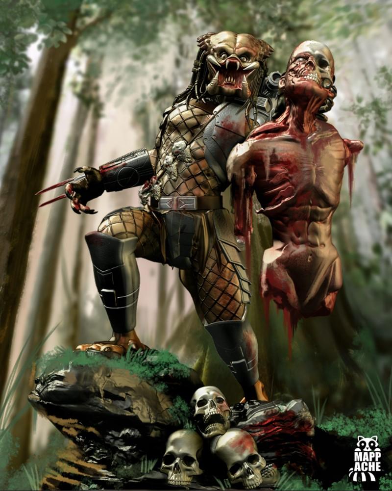 Predator hunter figure with wrist blades extended, holding a bloody dismembered torso, surrounded by skulls and jungl...