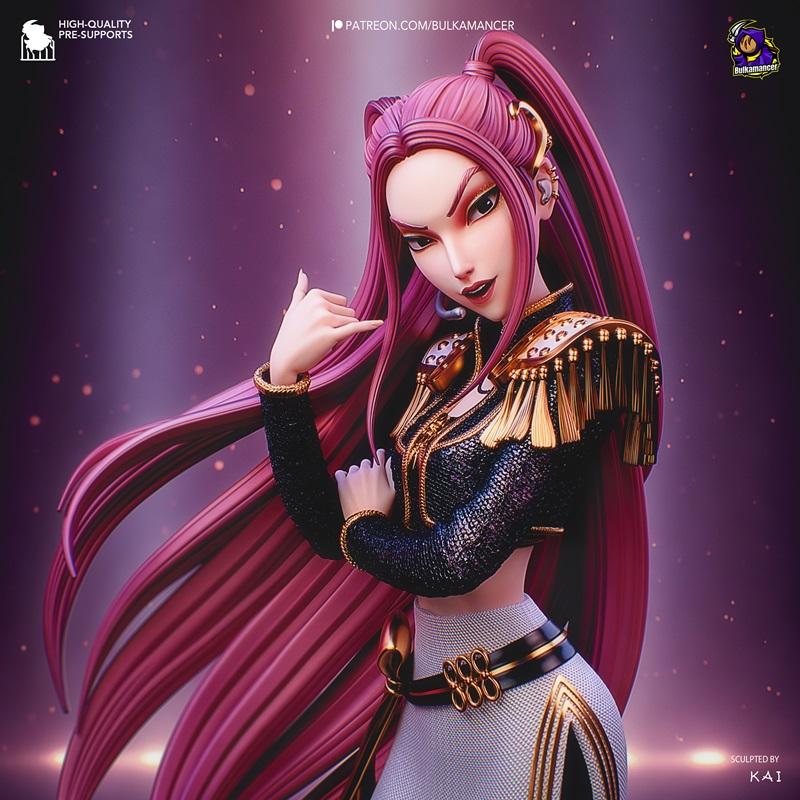 Mira figure with long pink hair, wearing a black and gold ornate jacket and a white skirt, striking a pose with her h...