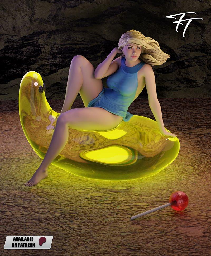 Tara, a blonde woman in a blue dress, sits seductively on a large, glowing yellow slime creature in a cave. A red lol...