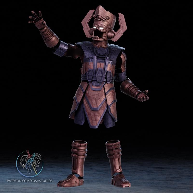 3D model of Galactus Armor, featuring a detailed helmet, chest plate, and segmented legs. The figure is posed with on...