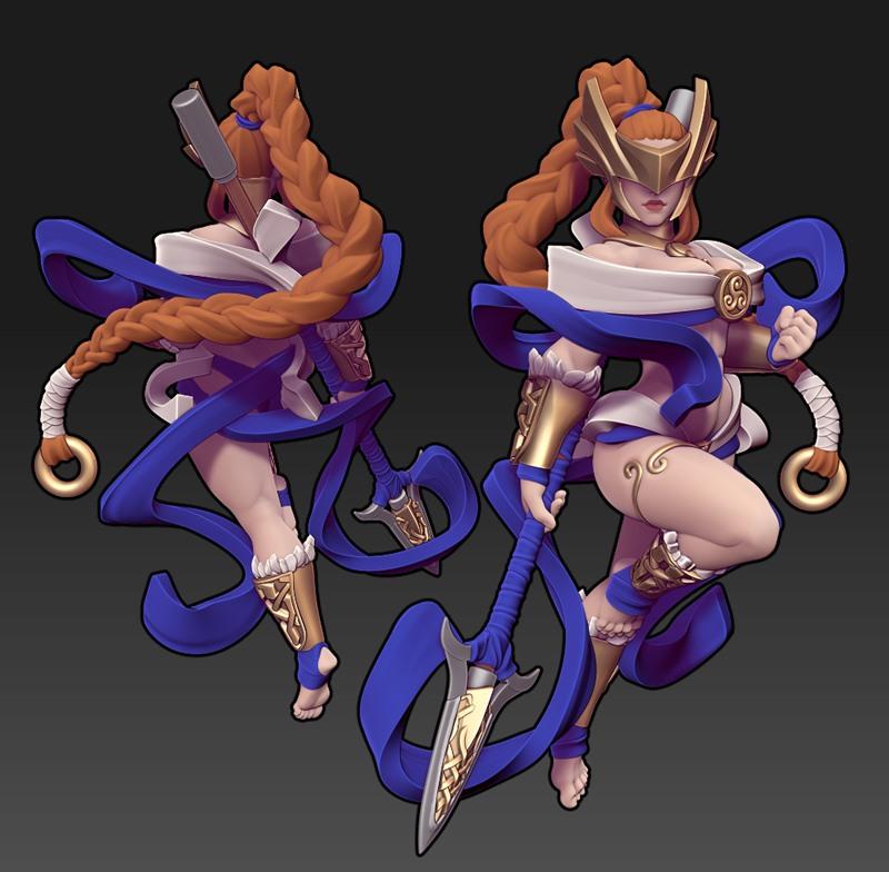Strykja Valkyrie 3D model, female warrior in dynamic pose with spear, golden helmet and armor, draped white and blue...