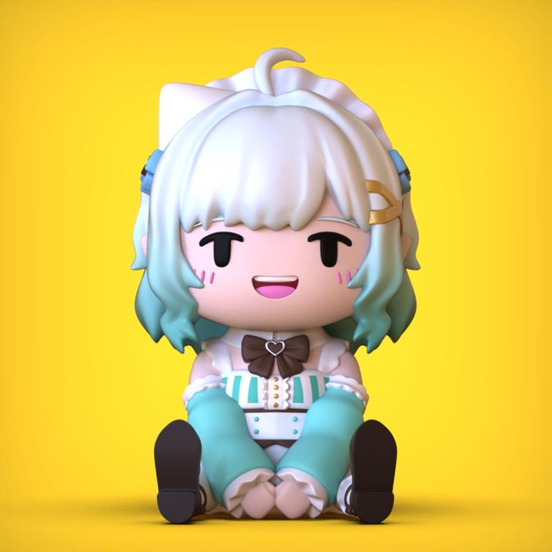 Chibi Minto 3D model figure, sitting pose, wearing a maid outfit with a brown bow and teal sleeves, against a bright...