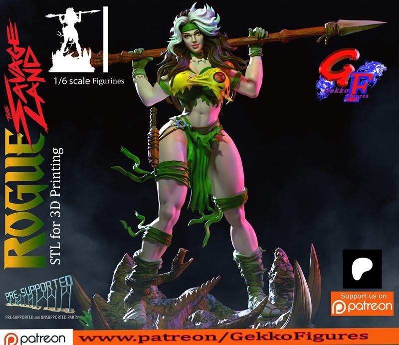 1/6 scale 3D model of Rogue from X-Men in a Savage Land theme, wearing a tribal green and yellow outfit and holding a...