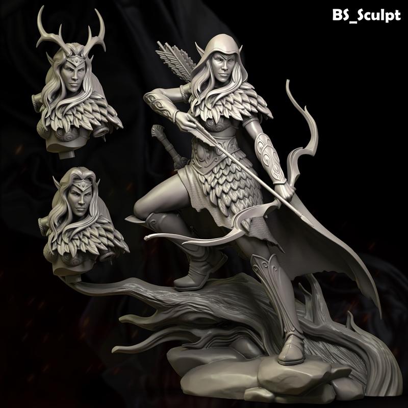 BS-Sculpt Bulat Forest Elf Archer 3D model, main figure drawing a bow, wearing a hood and feather-like armor, with tw...