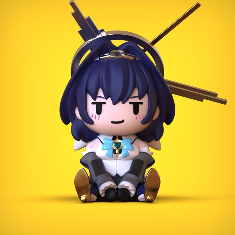 Chibi Kronii figure with blue hair, wings, and a halo, sitting down. The model wears a white and blue outfit with gol...