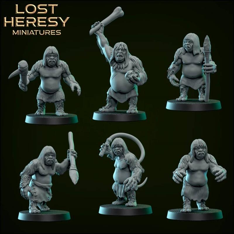 Six 3D printable miniatures of primitive cave cannibals, each with unique prehistoric weapons like bone clubs, spears...