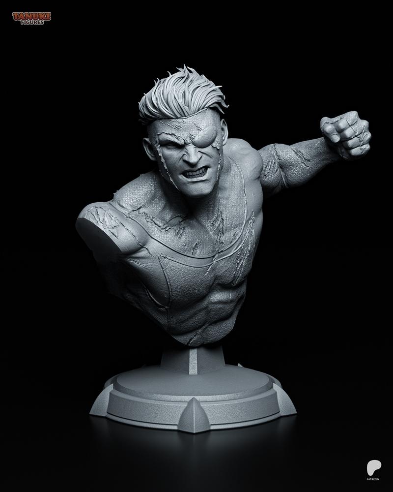 Mark Grayson Invincible bust, grimacing with clenched fist raised, battle-worn skin and suit details, displayed on a...
