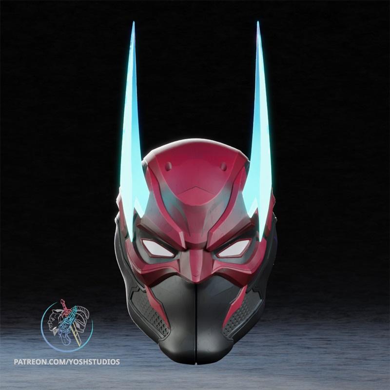 Red and black futuristic helmet with glowing blue horns and white eye slits, inspired by Daredevil 2099.