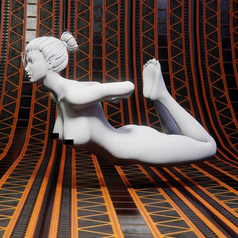 White 3D model of a female figure in a Shibari-inspired pose, reclining on a patterned floor with orange and black ge...
