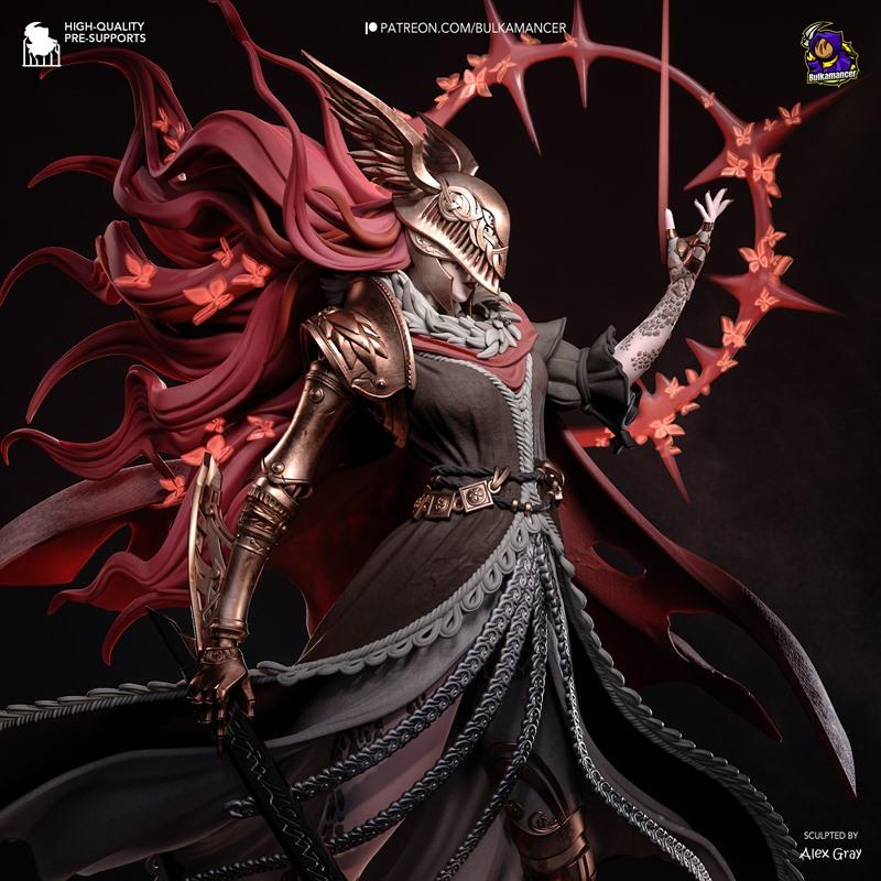 Malenia, Blade of Miquella, from Elden Ring, depicted as a 3D printable figure. She wears ornate golden armor and a r...