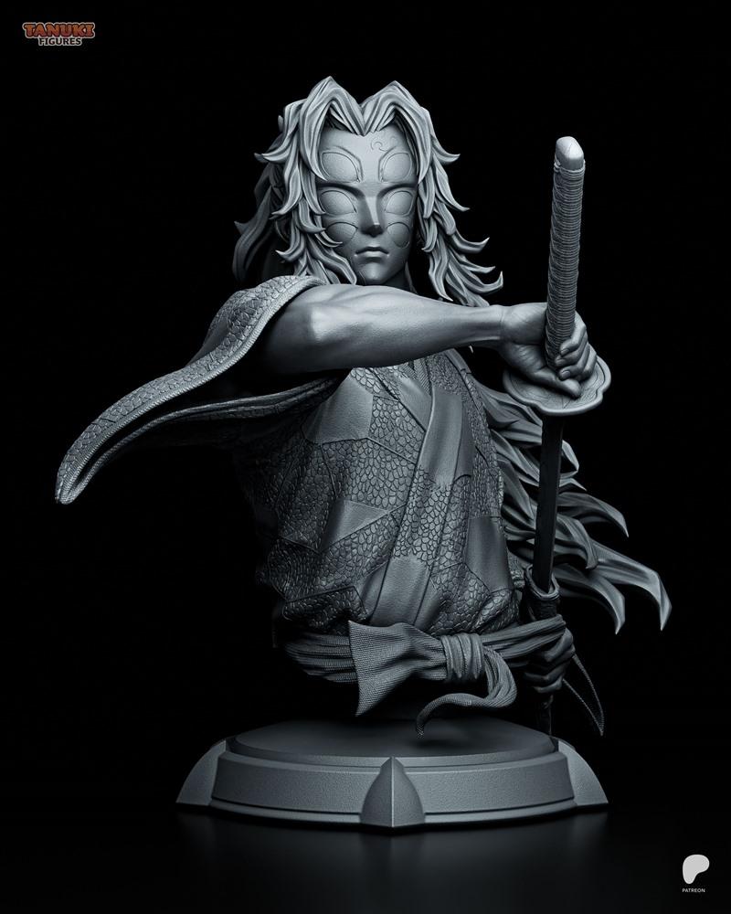 Tanuki Figures 3D bust of Kokushibo from Demon Slayer, wearing a mask and holding a katana.