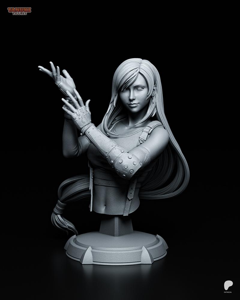 3D printable bust of Tifa Lockhart from Final Fantasy VII by Tanuki Figures. She has long hair, detailed arm guards,...
