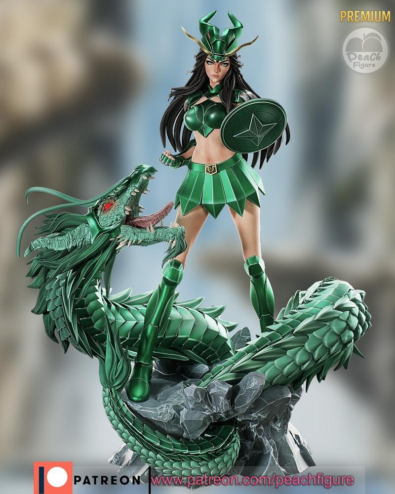 Female Shiryu from Saint Seiya in green armor, standing over a green dragon, holding a shield. Peach Figure 3D model.