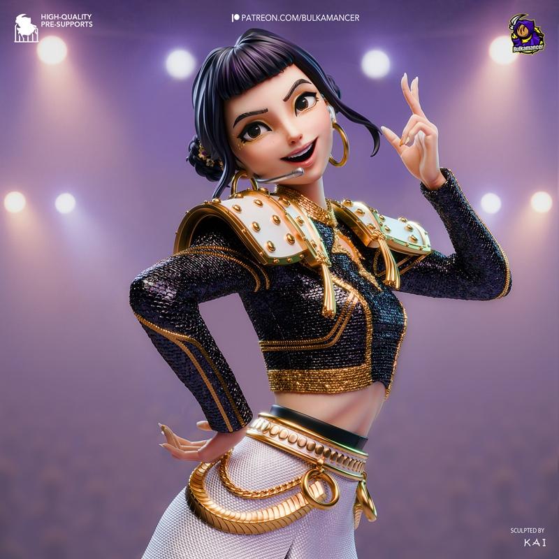 3D model of Zoey, a K-pop demon hunter, in a black and gold stage outfit with white accents, striking a pose with a m...