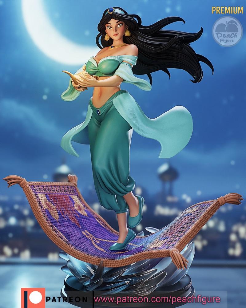 Princess Jasmine figure flying on a magic carpet, holding a genie lamp, with a moon and city skyline in the backgroun...