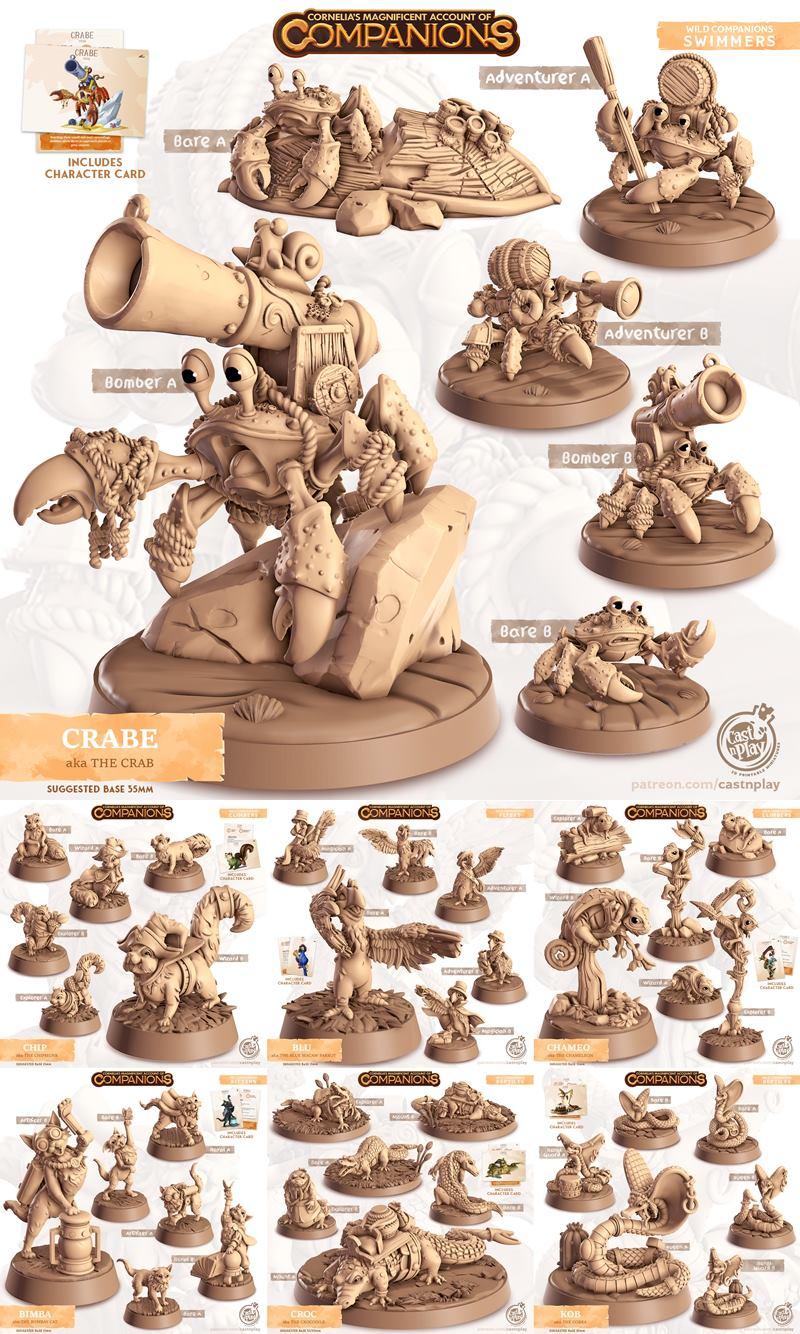 Collection of 3D printable fantasy miniatures by Cast n Play, featuring various animal companions including crabs, a...