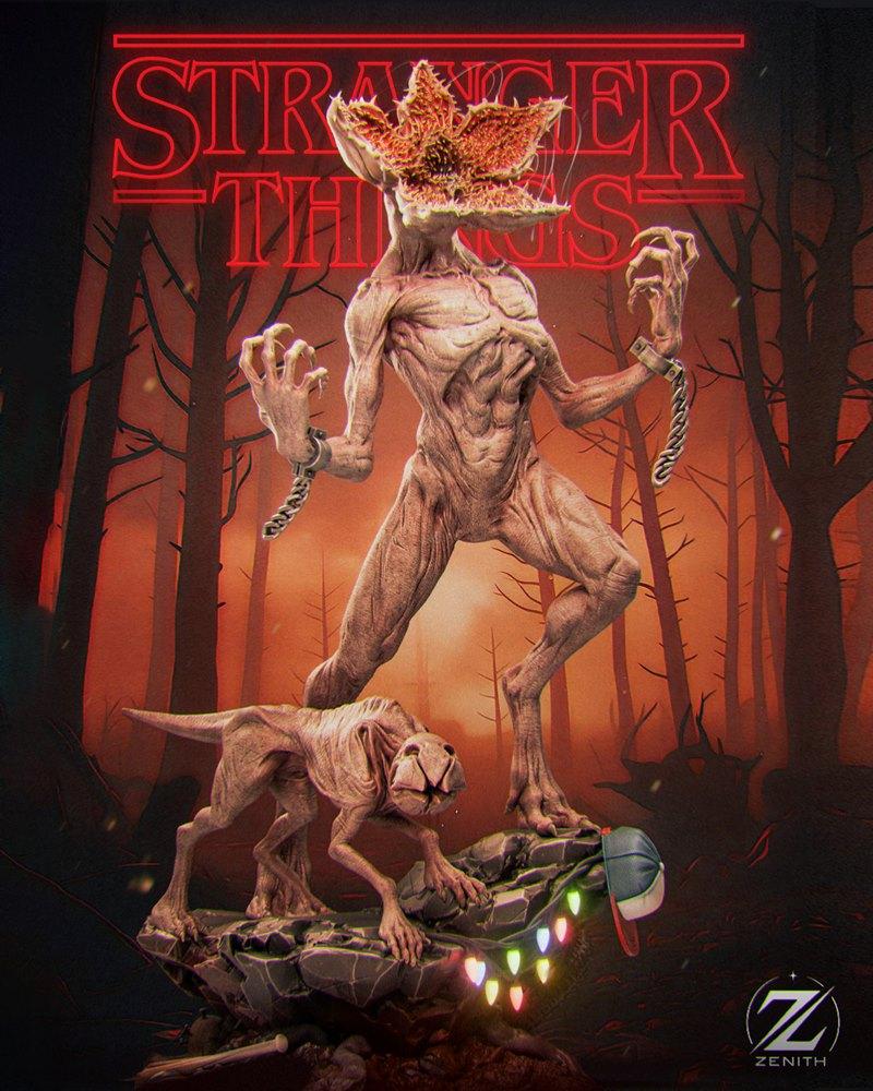 Demogorgon and Demodog 3D model diorama from Stranger Things, standing on a rocky base with Christmas lights and a ba...