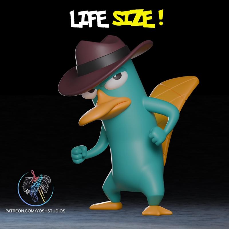 Perry the Platypus wearing a brown fedora, standing in a heroic pose with fists clenched. Teal body, orange beak and...