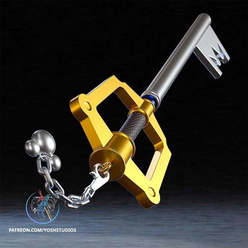 3D model of the Kingdom Key weapon from Kingdom Hearts, featuring a gold hilt and silver blade with a Mickey Mouse ch...