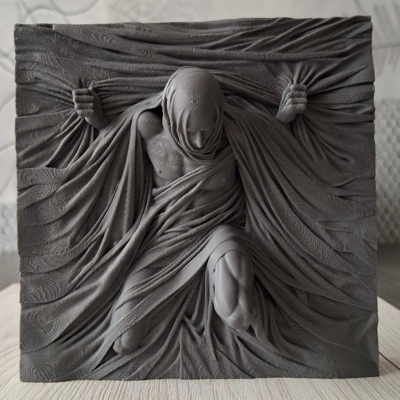 3D relief sculpture of a humanoid figure emerging from draped fabric, hands pulling material aside, textured background.