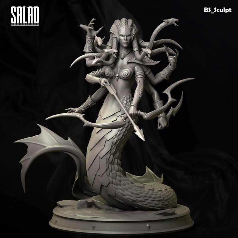 BS-Sculpt Bulat 3D model of The Lady Naga, a multi-armed naga with a serpentine tail, drawing a bow and arrow, with s...