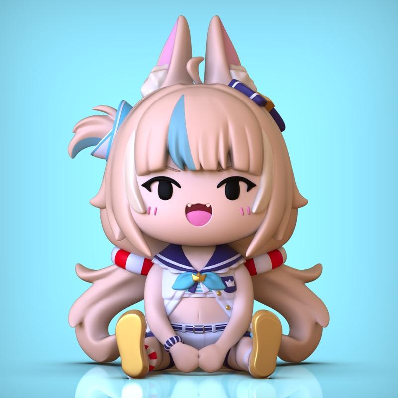Chibi style 3D model of character Saba, featuring cat ears, blonde hair with a blue streak, and a sailor outfit. The...