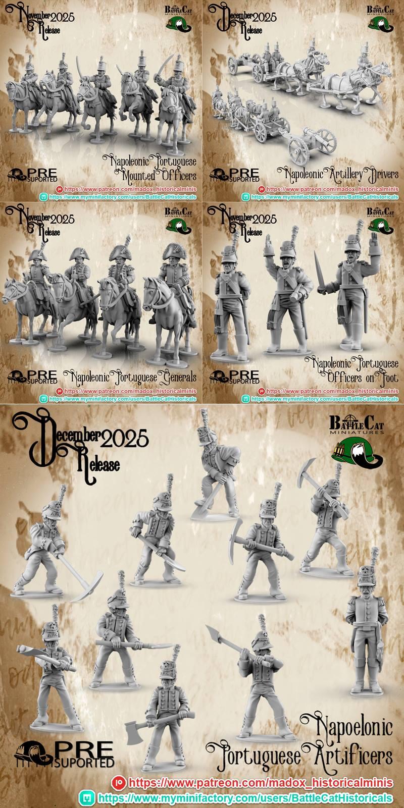 3D printable miniatures of Napoleonic Portuguese soldiers and officers, including mounted cavalry, artillery crews, a...