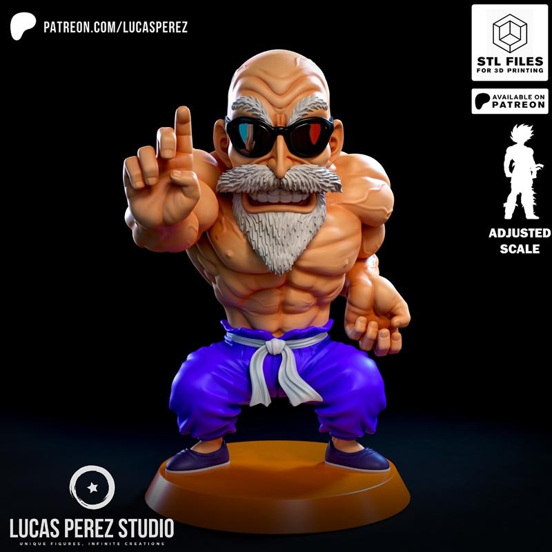3D model of Maestro Roshi from Dragon Ball, muscular old man with white beard, wearing sunglasses and purple pants, s...