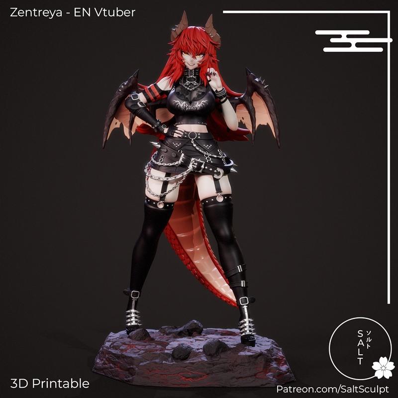 Zentreya EN Vtuber 3D model figure with red hair, horns, wings, and gothic attire, standing on a rocky base.