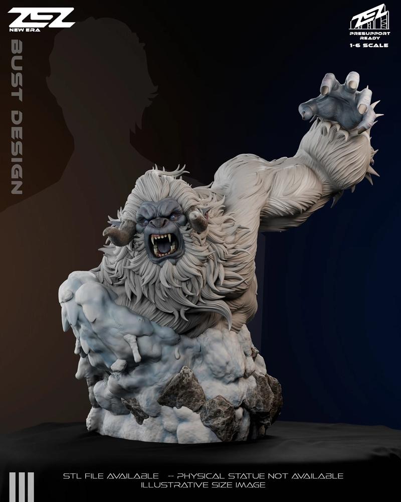 ZEZ Studio Yeti bust 3D model, roaring with mouth open, sharp teeth, fur detail, icy base, 1:6 scale.
