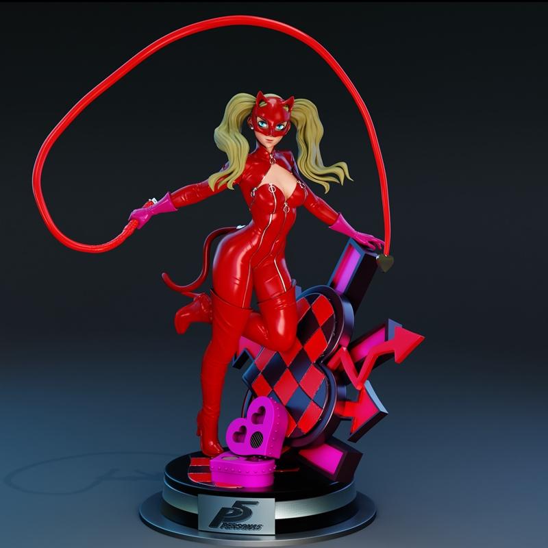 Ann Takamaki as Panther from Persona 5, wearing a red catsuit and cat ears, holding a red whip, posed on a black and...