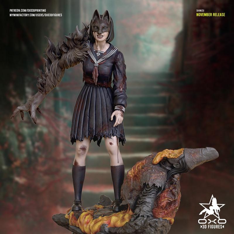 3D model figure of Shimizu, a female character in a tattered Japanese school uniform and a cat mask, with a monstrous...