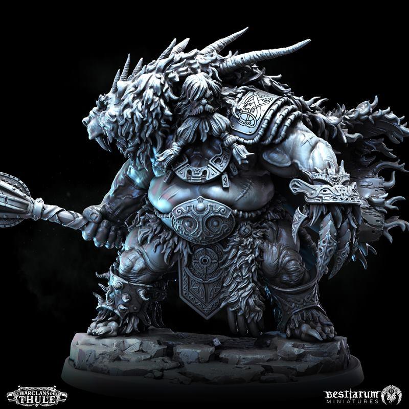 Thulean Champion miniature from Bestiarum Miniatures, a horned beastman with fur armor and a mace, standing on a rock...