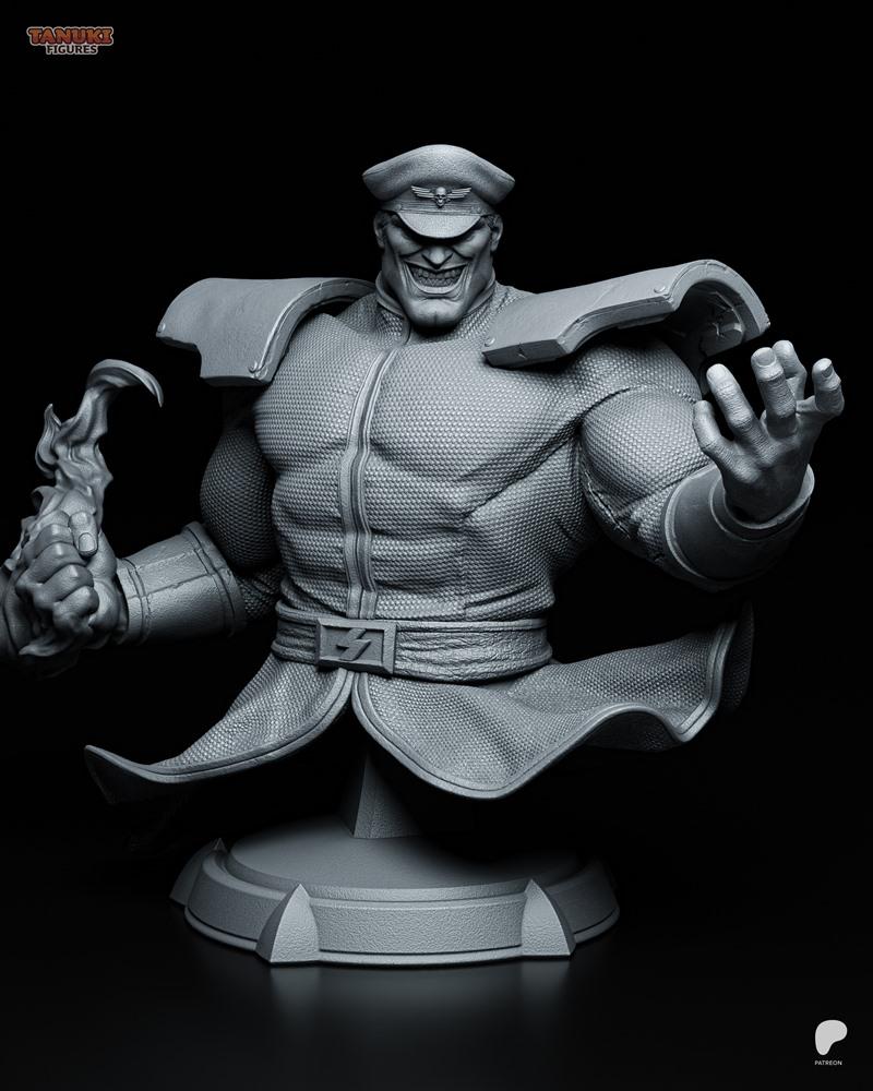 M. Bison bust from Street Fighter, wearing a military cap and jacket, with an evil grin and a flame effect in his han...