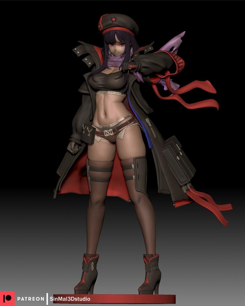3D model of Eunhwa from NIKKE, standing with a confident expression, wearing a beret, crop top, tactical shorts, and...