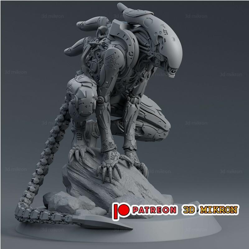 3D model of the Xenoborg creature from the Alien franchise, crouching on a rock. The figure is highly detailed, showi...