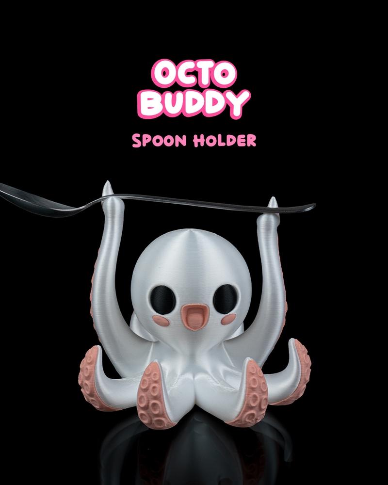 Cute white octopus 3D model holding a spoon above its head, with pink suction cups on its tentacles.
