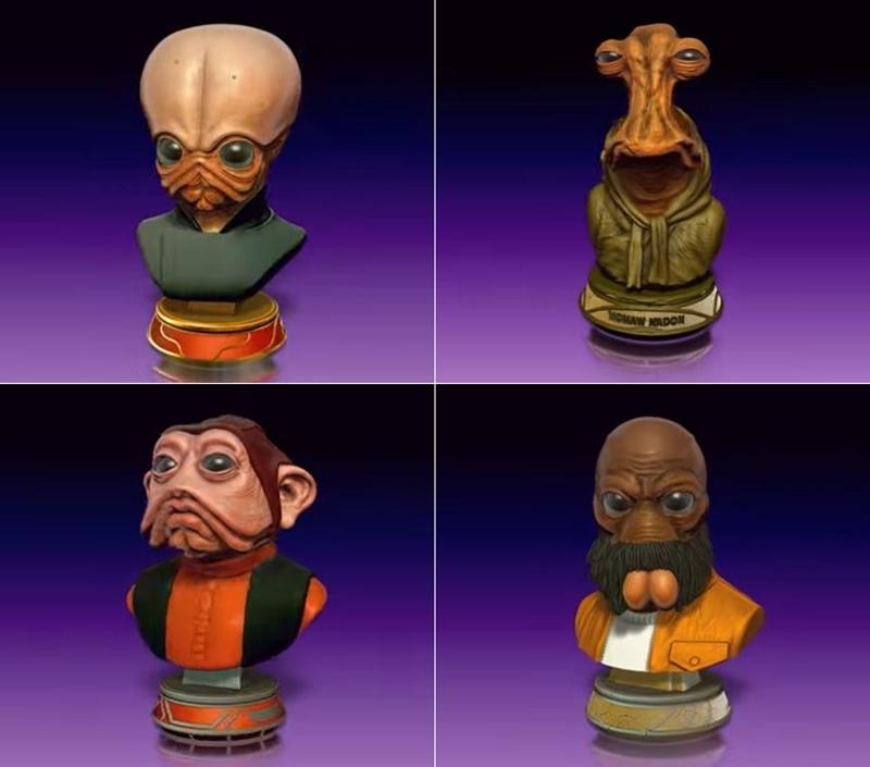 Four Star Wars character busts: Figrin D'an, Momaw Nadon, Nien Nunb, and Ponda Baba, displayed on pedestals.