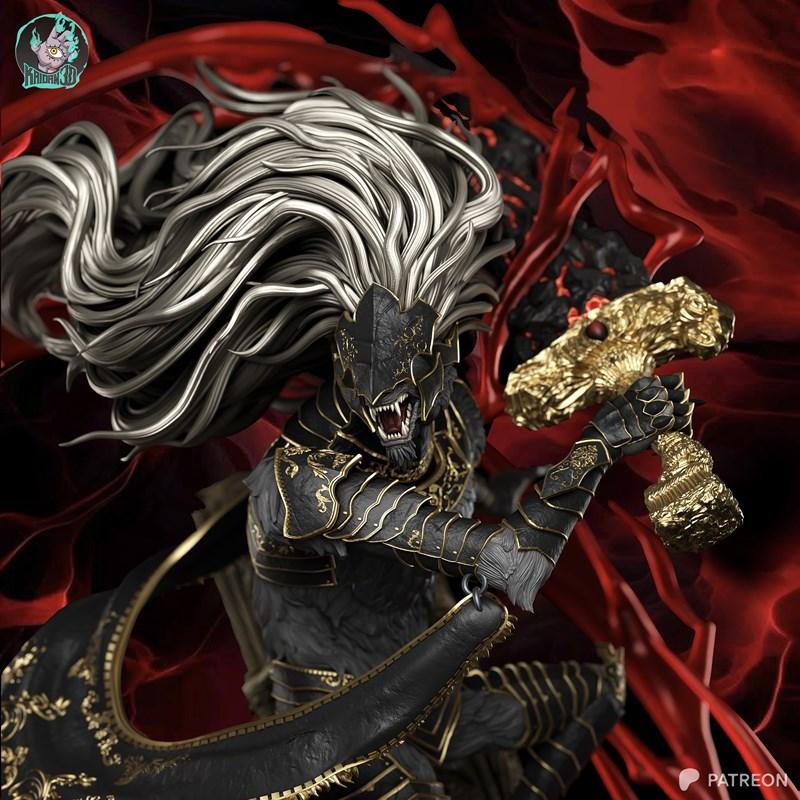 Maliketh the Black Blade 3D model from Elden Ring, wearing black and gold armor, holding a golden hammer, with flowin...