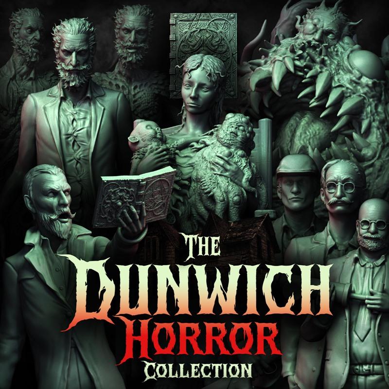 Collection of 3D printed figures depicting The Dunwich Horror, a woman holding two creatures, a man reading a book, a...