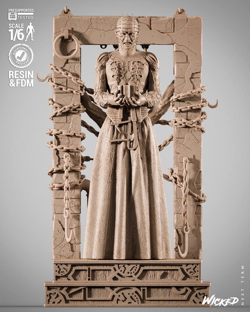 1/6 scale Pinhead sculpture by Wicked, standing in a cracked stone frame with chains, holding a puzzle box. Horror mo...