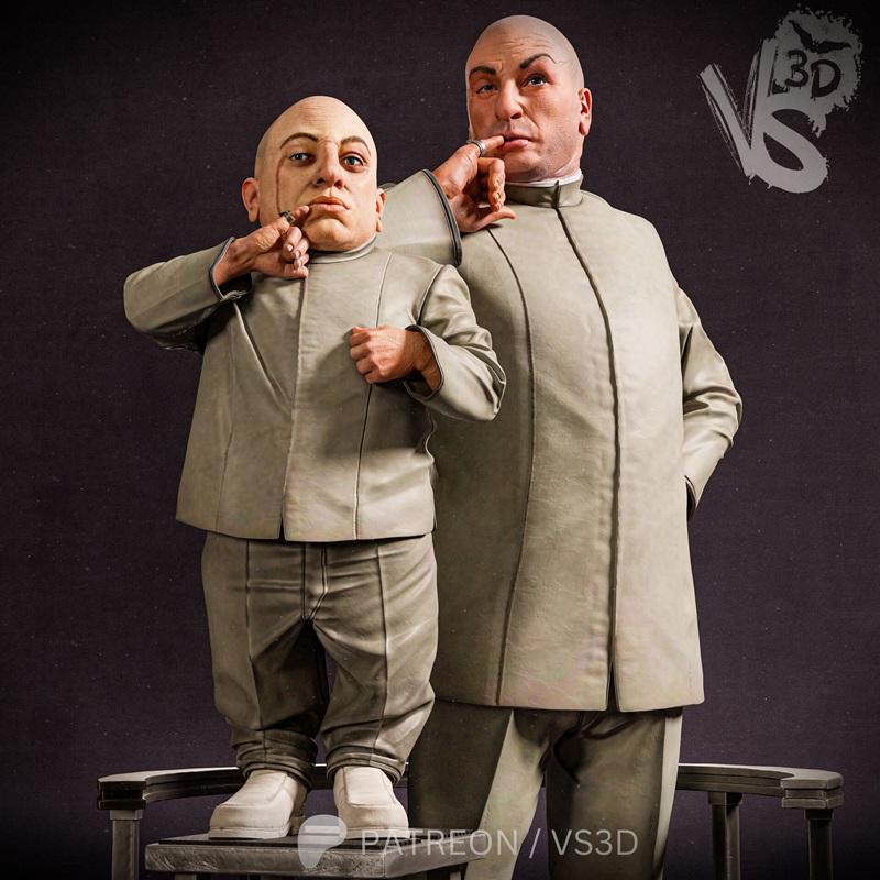 VS3D 3D model of Dr. Evil and Mini Me from Austin Powers, standing side-by-side in matching grey suits.