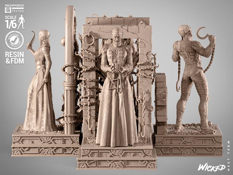 1/6 scale Hellraiser diorama 3D print model by Wicked, featuring Pinhead and two other figures with chains and hooks,...