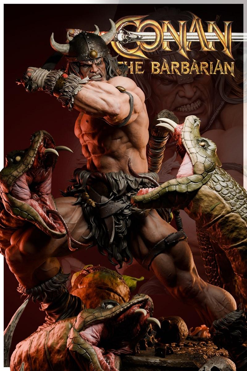 Conan the Barbarian statue and bust 3D model by ZEZ Studio. Muscular barbarian in helmet and loincloth fighting two s...