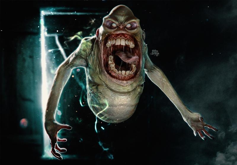 Slimer figure emerging from a bright, glowing portal, mouth wide open with sharp teeth and tongue visible. Translucen...