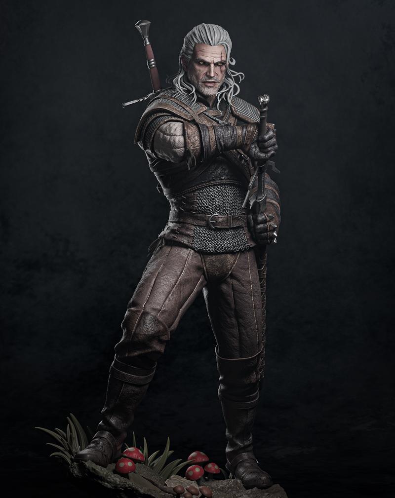 Geralt of Rivia 3D model figure, holding two swords, wearing detailed leather armor and chainmail, with a scarred fac...