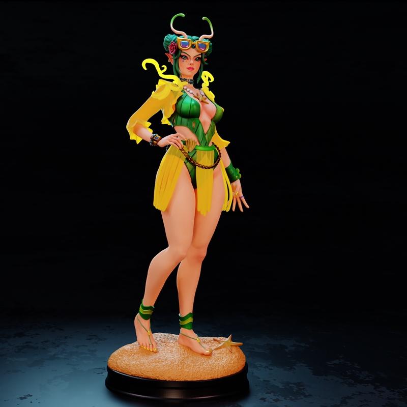 Mantis character in a green and yellow summer outfit, wearing sunglasses and antennae, posed on a sandy base with a s...