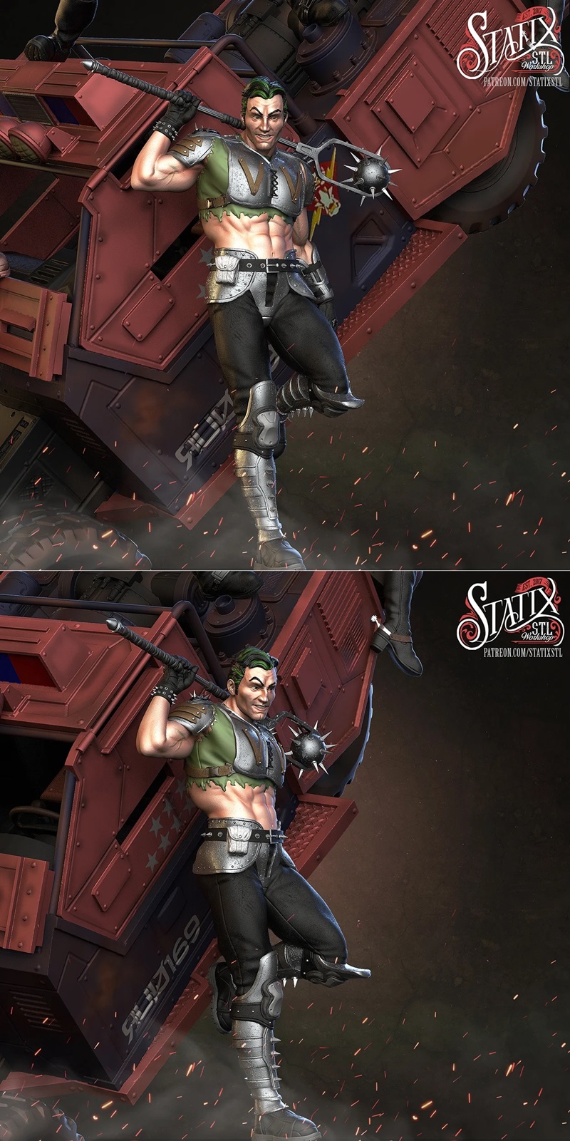 Muscular male figure 'Thrasher' by Statix, wearing segmented metal armor over a tattered green shirt, holding a spike...