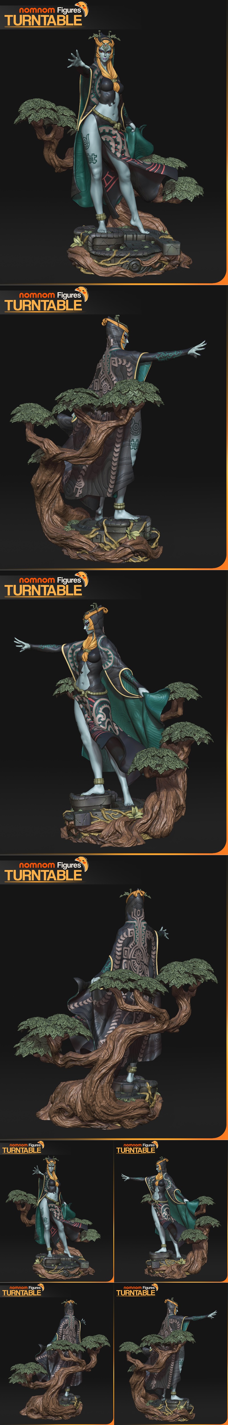 3D model figure of Midna from The Legend of Zelda, wearing a dark hooded cloak and revealing outfit, with orange eyes...